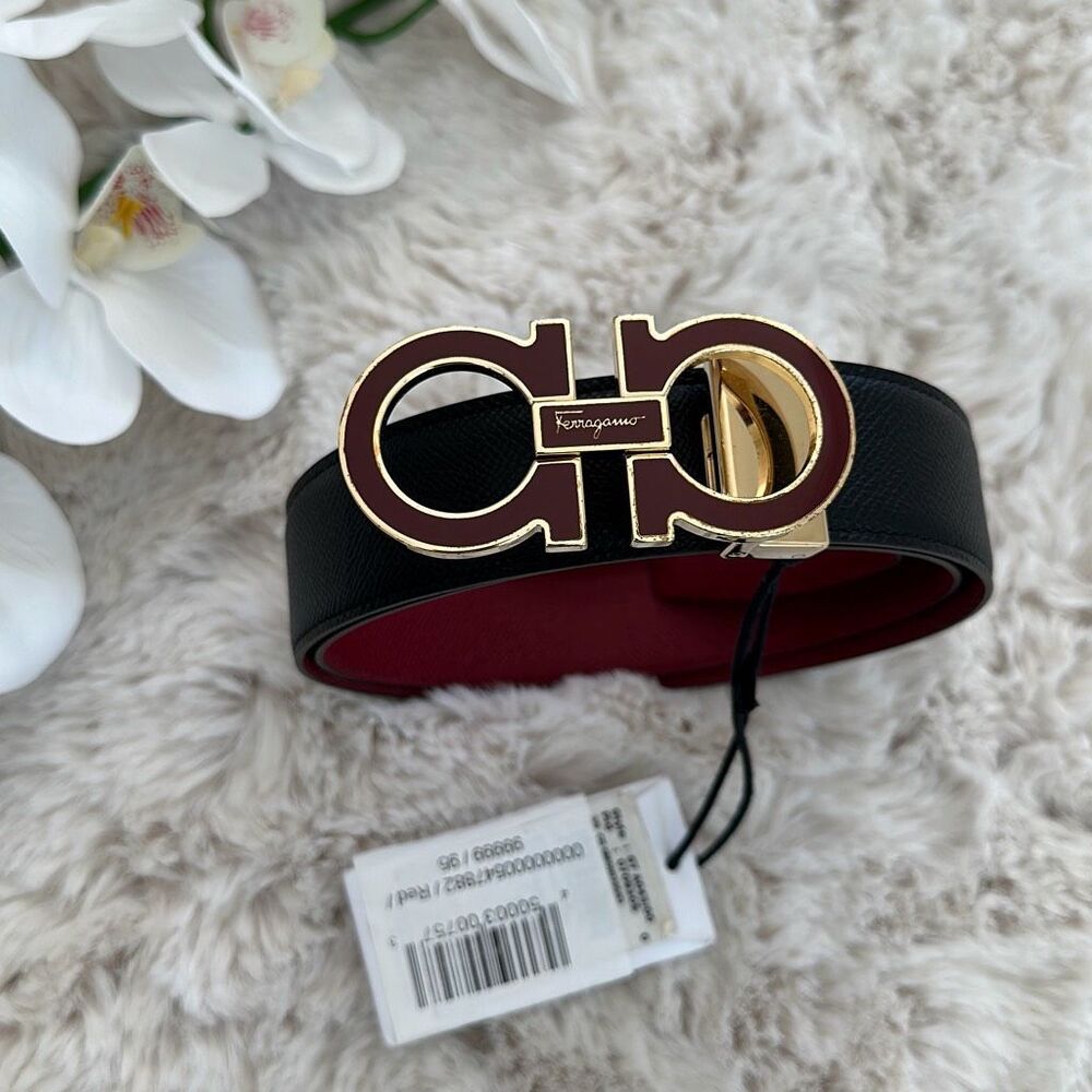 Salvatore Ferragamo Double Adjustable Calfskin Belt Size 95 in Black/Red